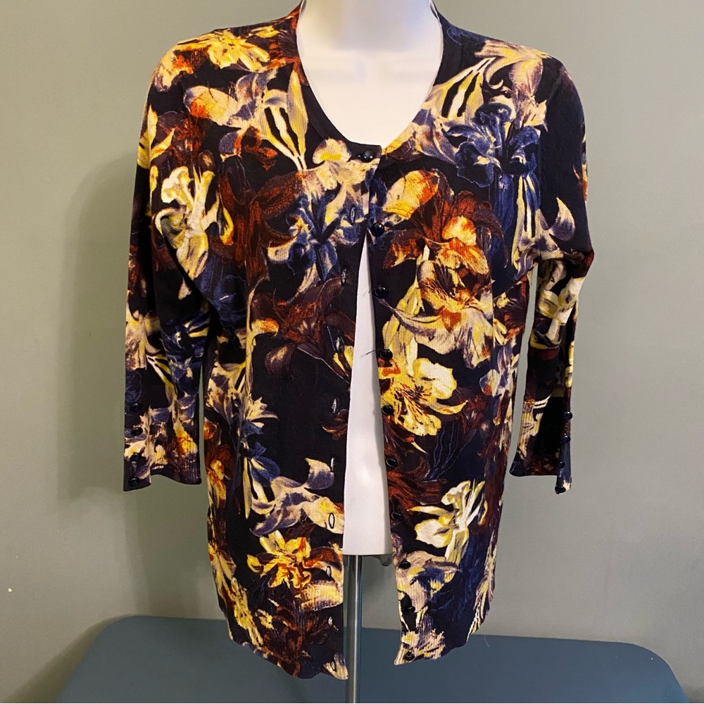 NWT Grace Elements Floral Black Blue Rust Button Up 3/4 Sleeve Cardigan Sz S P